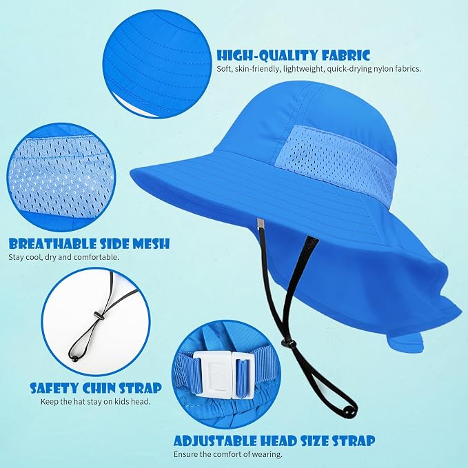 Toddler Baby Sun Hat Kids Summer Beach Essentials Adjustable Beach Hats with Bucket Wide Brim for Boys Girls Age 0-14 Years
