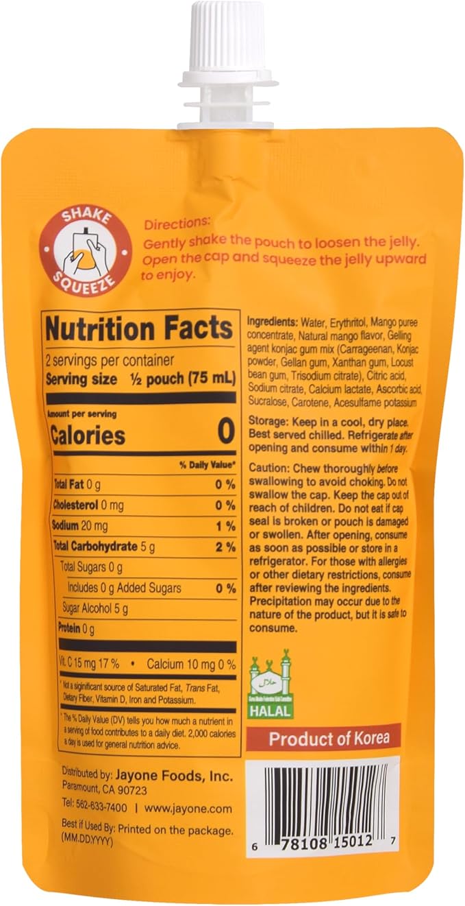 Jayone Drinkable Konjac Jelly Pouch - Mango Flavor, 10 Pack, 5.07 fl oz Each - Zero Sugar, 0 Calories, 17% Vitamin C, Halal, Made in Korea
