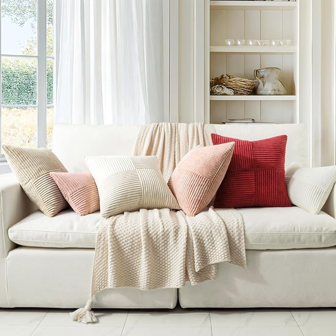 MIULEE Cream White Decorative Lumbar Throw Pillow Covers 12x24 Inch 2 Pack | Beige Neutral Boho Farmhouse Pillow Covers, Soft Cross Corduroy Patchwork Textured Cushion Cases For Couch Sofa Bed