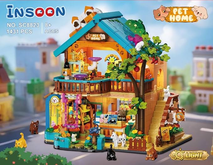 City Pet Shop Building Set with Lights, Cozy Pet House Construction Toy with Cats Dogs Rabbit, 1431 PCS Cute Animal Store Miniature Model Building Block Kit for Adults Kids Boys Girls Ages 12+