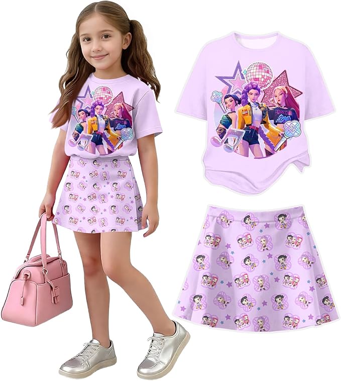 HTHLVMD K Pop Short Sleeve T-Shirt and Skirts Outfits Set for Girls Hunters Rumi Mira Zoey Graphic Tees De-Mon Costume