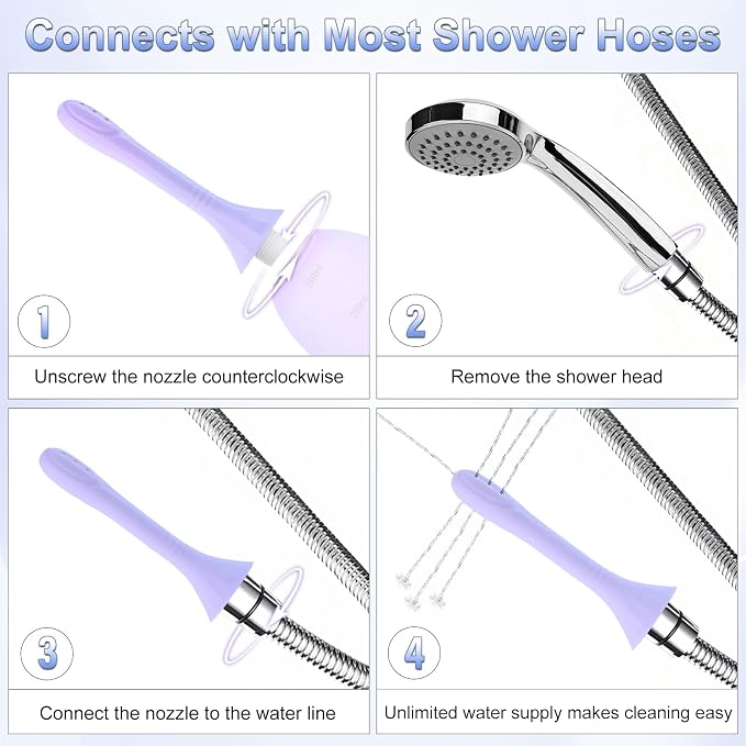 Enema Bulb Anal Douche Bottle for Colon Cleanse Men Women, Shower Enema Kit | Purple Enema with Lube Anal Cleanse Douche for Women, Removable Nozzle Connects to Shower Hose, Unlimited Water
