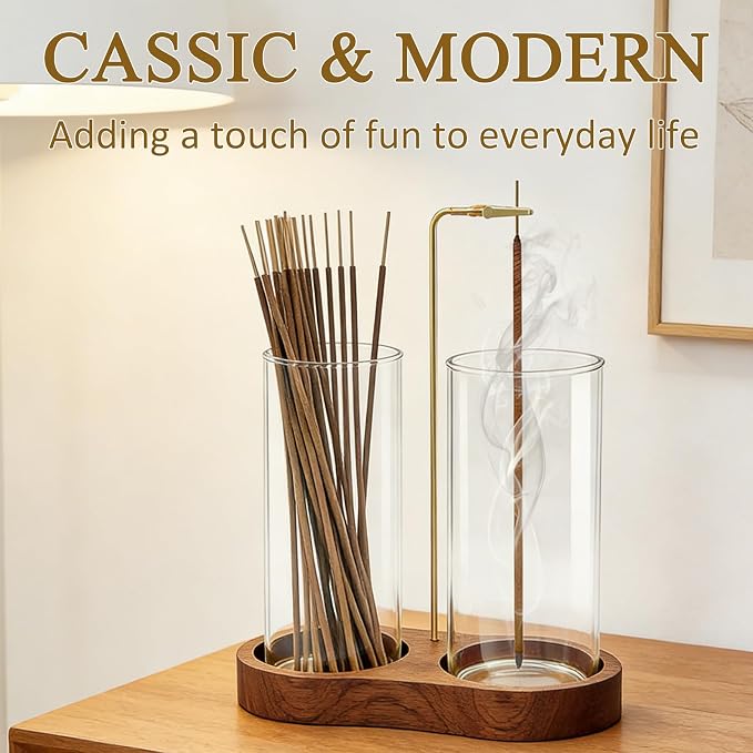 Ceremony Incense Holder, 2 in 1 Wooden Incense Holder for Sticks | Anti-ash Incense Burner with Glass Ash Catcher for Meditation Yoga Spa Room Decor