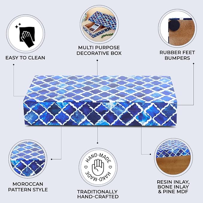 Handicrafts Home Large Decorative Storage Box with Lid, Moroccan Coffee Table Storage Organizer Box, Wooden Remote Holder Keepsake Storage Box, Console Table Storage, Blue, 12 x 6 x 2