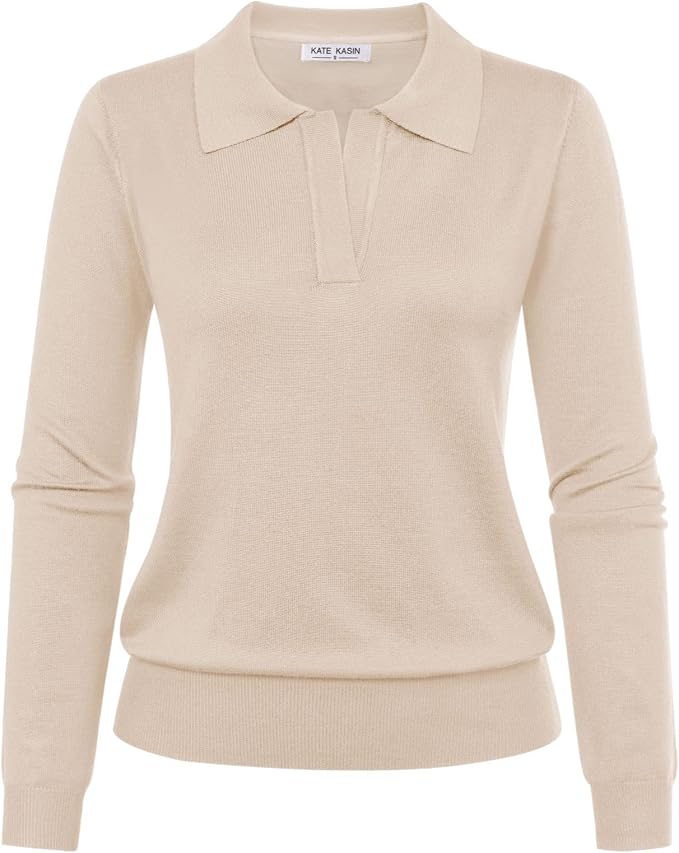 Women's Long Sleeve Classic V Neck Casual Fall Winter Polo Sweater Tops | Basic Collared Knitted Fashion Work Business Formal Daily Wear Versatile Pullover Shirts