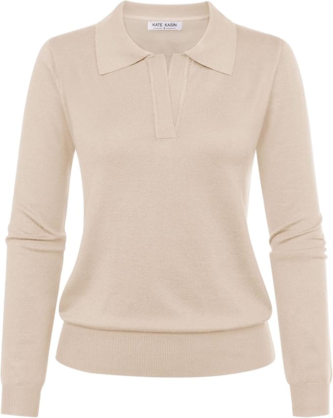 Women's Long Sleeve Classic V Neck Casual Fall Winter Polo Sweater Tops | Basic Collared Knitted Fashion Work Business Formal Daily Wear Versatile Pullover Shirts