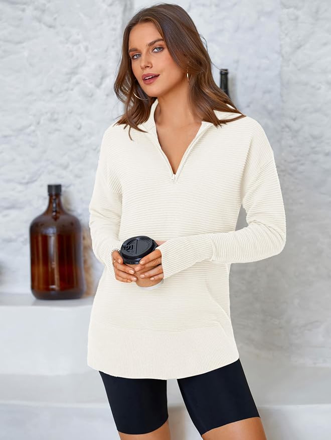 PRETTYGARDEN Womens Long Sleeve Quarter Zip Pullover Sweater Casual Loose V Neck Collared Ribbed Knit Jumper Tops Thumb Hole