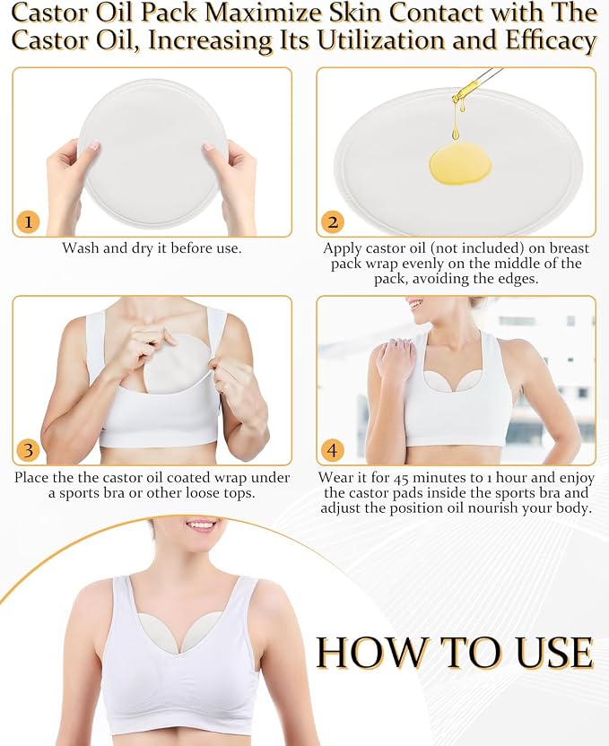 DLMDML 2Pcs Castor Oil Pack for Breast, Reusable Organic Castor Oil Wrap Breast Pad, Anti Leak Breast Nursing Pads for Women Relaxing Sleeping (White)