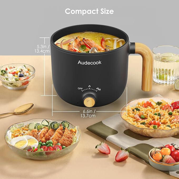 Audecook Hot Pot Electric, 1.5L Rapid Noodles Cooker, Portable Nonstick Mini Multicooker, Travel Electric Pot with Dual Power Control for Ramen/Pasta/Soup/Steak/Egg/Oatmeal (Black)
