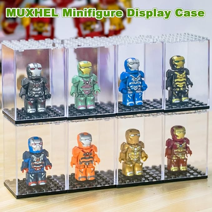24 Pcs Minifigure Display Case, Acrylic Small Action Figure Toys Storage Case, 2.7”×1.9”×1.9” Stackable Building Block Display Case for Minifigure, Action Figures