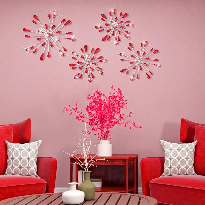 Hicarer 4 Pcs Starburst Wall Decor Bling Wall Art Crystal Teardrop 3D Hanging Rhinestone Radial Metal Artwork Modern Accent Sculptures Decorations for Living Room Home Office Bedroom (Red)