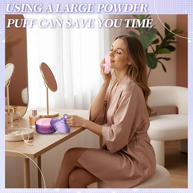 Extra Large Body Powder Puff and Container, 5.5'' Crystal Container with 5.3'' Oversize Dust Powder Puff Washable Reusable Face Body Glitter Wet Dry Makeup Gift(Purple)