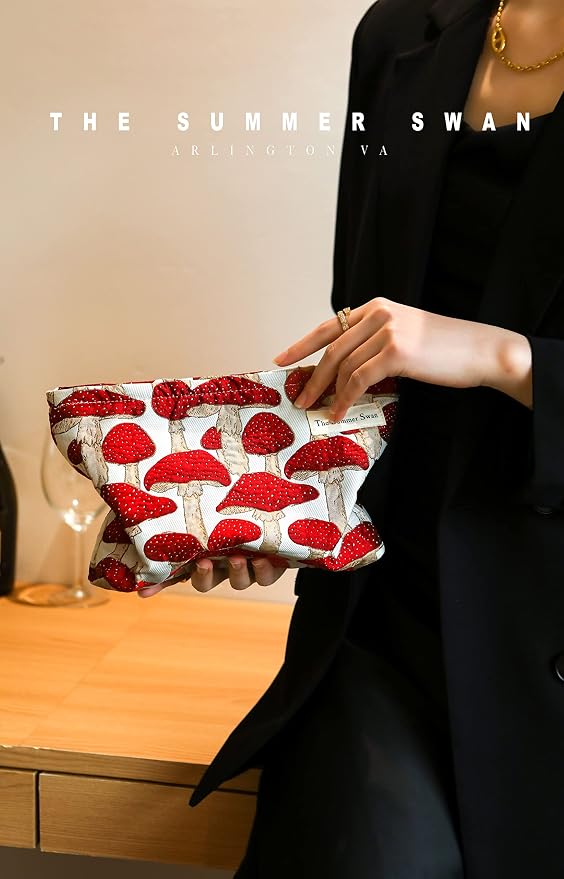 Summer Swan Mid-day Clutch - Floral Makeup Bag | Period Kit & Hygiene Bag - Cute Mushroom Red