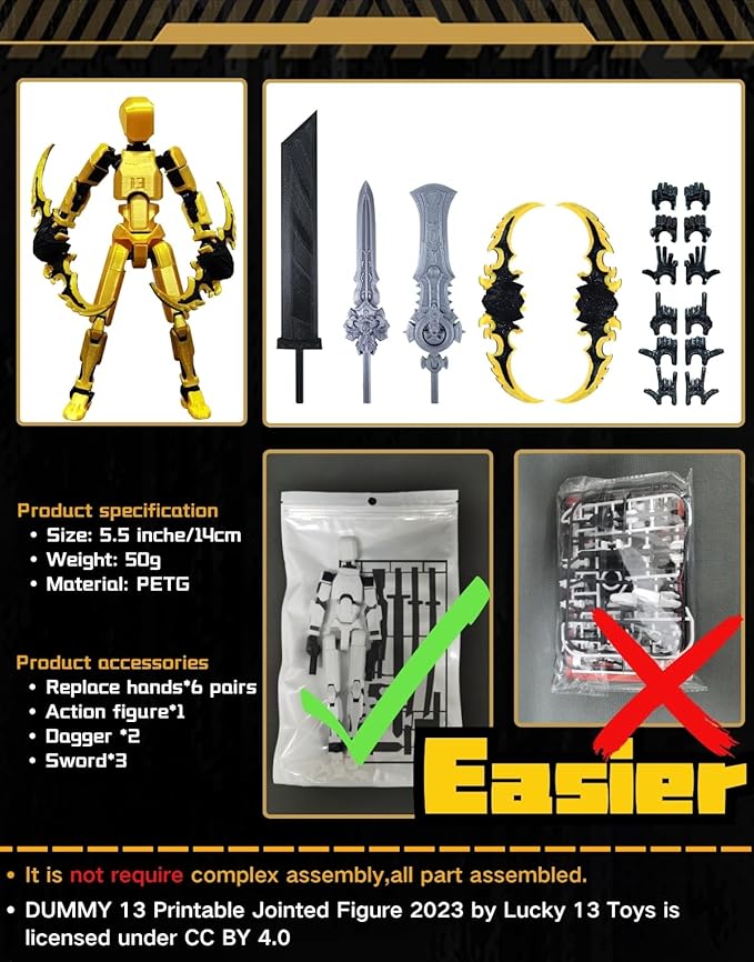 T13 (Assembly Completed) 3D Printed Action Figure,Dummy 13 Robot Action Figure, T13 Collectible Action Figure Articulated, for Collectors Desktop Decorations, muñeco de acción (Gold Black)