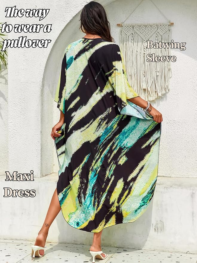 ChiaoLezhee Print Moo-Moos for Women, Kaftan Cover-Up Dresses, Sexy V-Neck High-Slit, Beach Pool-Party Coverups Muumuu Plus