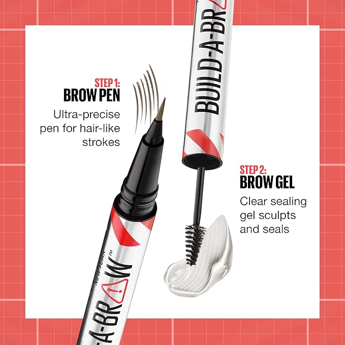 Maybelline Build-A-Brow 2-in-1 Brow Pen and Sealing Eyebrow Gel, Eyebrow Makeup for Real-Looking, Fuller Brows, Medium Brown, 1 Count