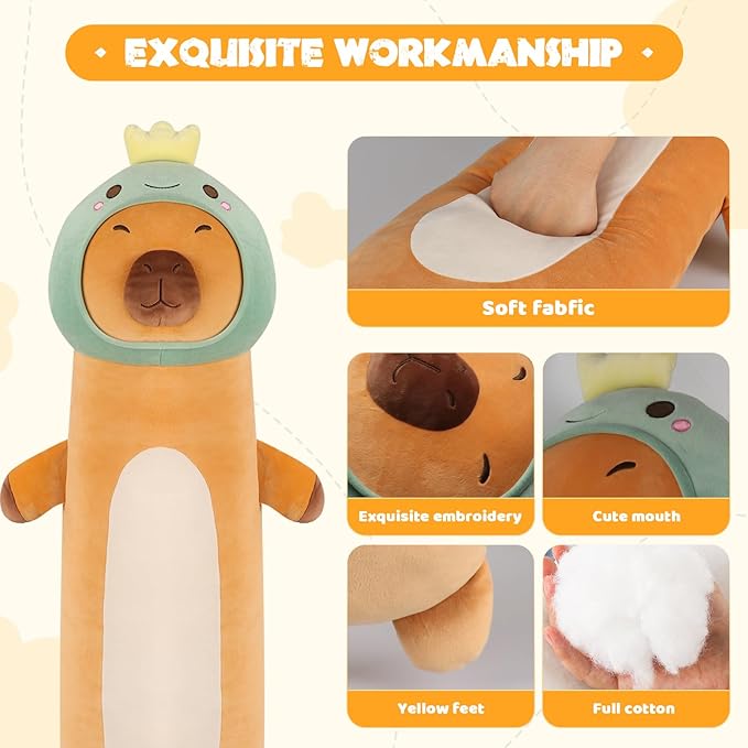 36 inch Extra Capybara Plush Long Pillow Toy Soft Stuffed Animal with Cute Dinosaur, Large Cuddle Sleeping Body Capybara Brown Big Plushies Gifts for Kids Boys Girls, Birthday