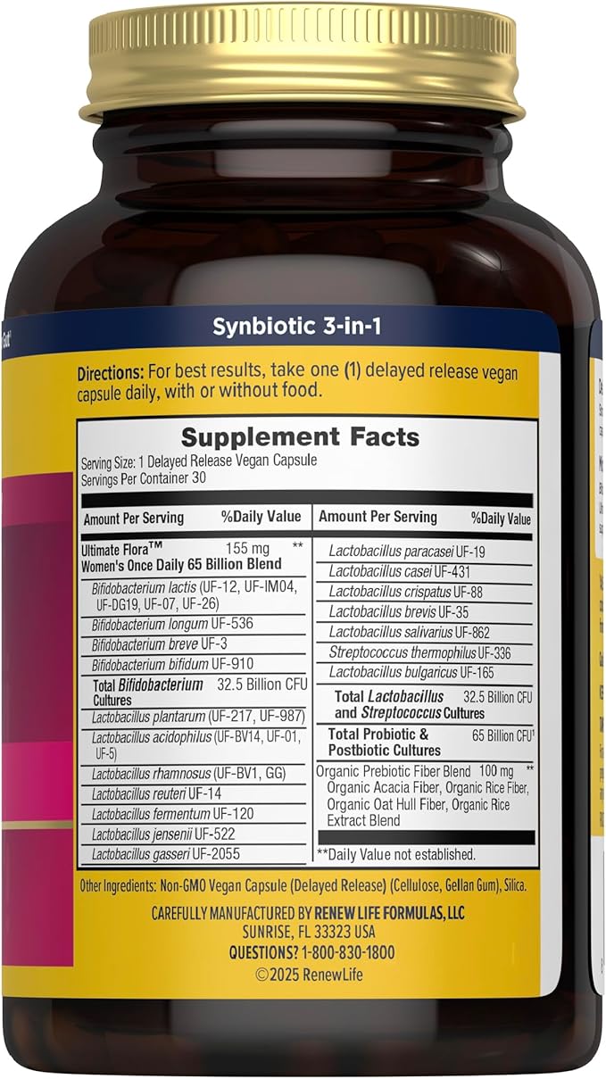 Renew Life Ultimate Flora Probiotics for Women 65 Billion CFU Delayed Release Vegan Capsules | Vaginal | Digestive Health | Immune Health | Dairy Free | 30 Count | 30 Delayed Release Vegan Capsules | Vaginal, Digestive & Immune Support | Dairy, Soy and...