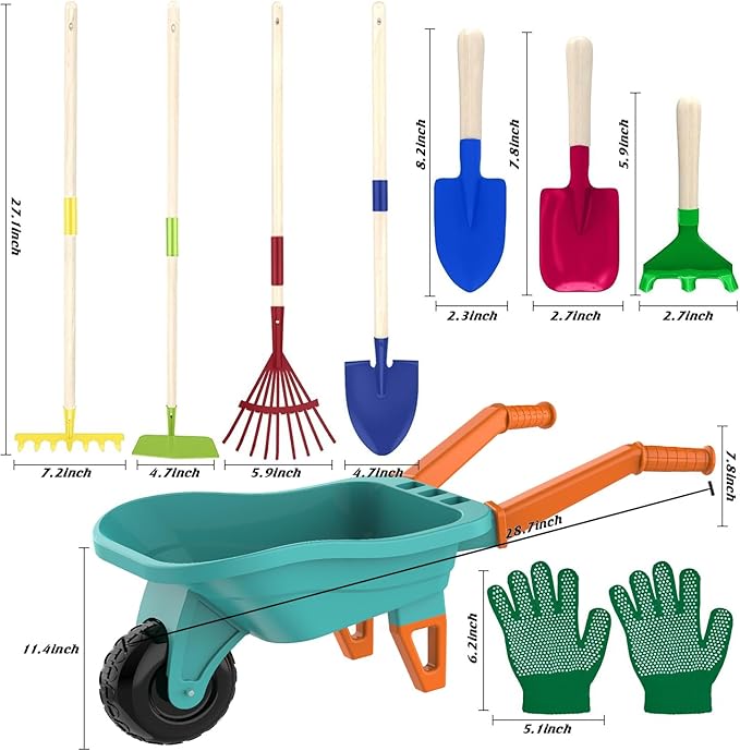 Qtioucp Kids Gardening Set with Wheelbarrow, Real Metal Garden Tools for Kids Ages 3-8, 4 Long Handle Tools, 3 Hand Tool, Gloves, 5 Stickers, Handbook, Outdoor Backyard Toys for Toddler Gift