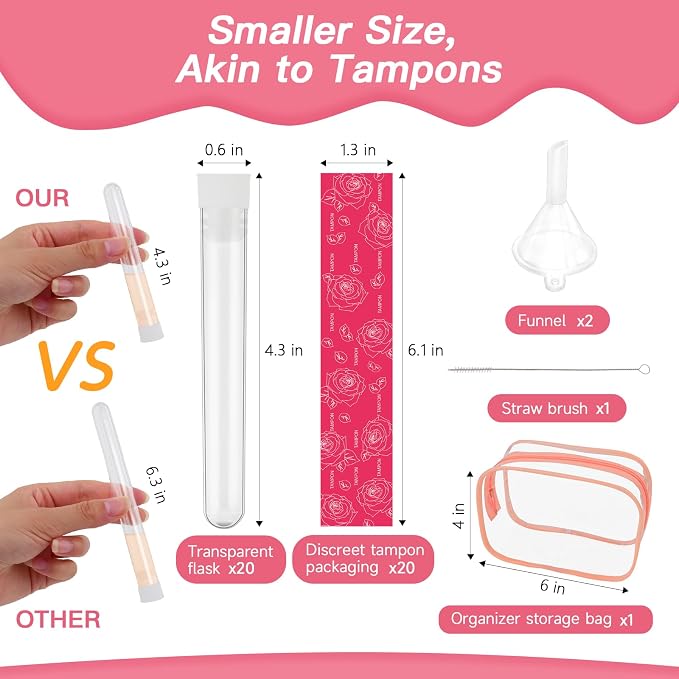 64 Pcs Tampon Flask Set Includes 20 Reusable Plastic Flasks, 40 Wrappers, 2 Funnels, 1 Storage Bag, 1 Straw Cleaner, Leak-Proof Tube Flasks for Cruise Event, Concerts, Festival, Travel, Outdoor Sports