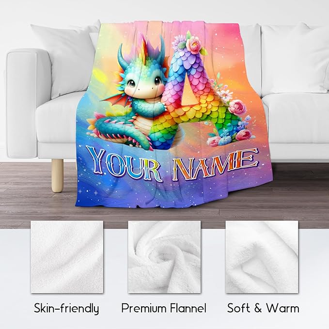 Custom Blanket with Name for Girls & Boys - Dragon Blankets Gifts for Dragon Lovers - Personalized Initial Throws for Daughter Son - 30"x40" Kids Throw for Couch, Office