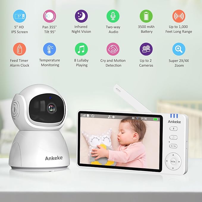 Baby Monitor with Camera and Audio, No WiFi Baby Monitor with 5" IPS LCD Screen, 100-Hour Battery, 1000ft Long Range, 2-Way Talk, Cry and Feeding Reminder, Night Vision and 355°PTZ
