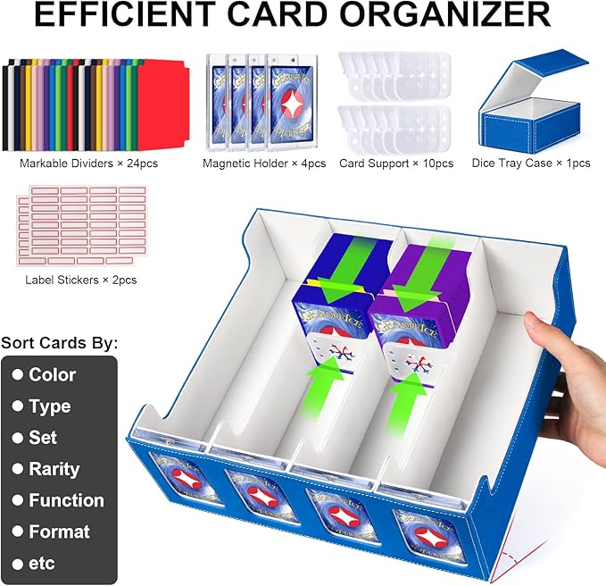 GEAoffice Trading Card Storage Box with Commander Display, 3200+ Card Deck Case with Magnetic Removable Lid, 4-Row Deck Box for MTG/TCG/Sports/Games, 10 Stoppers, 24 Dividers, 1 Dice Tray, Blue White