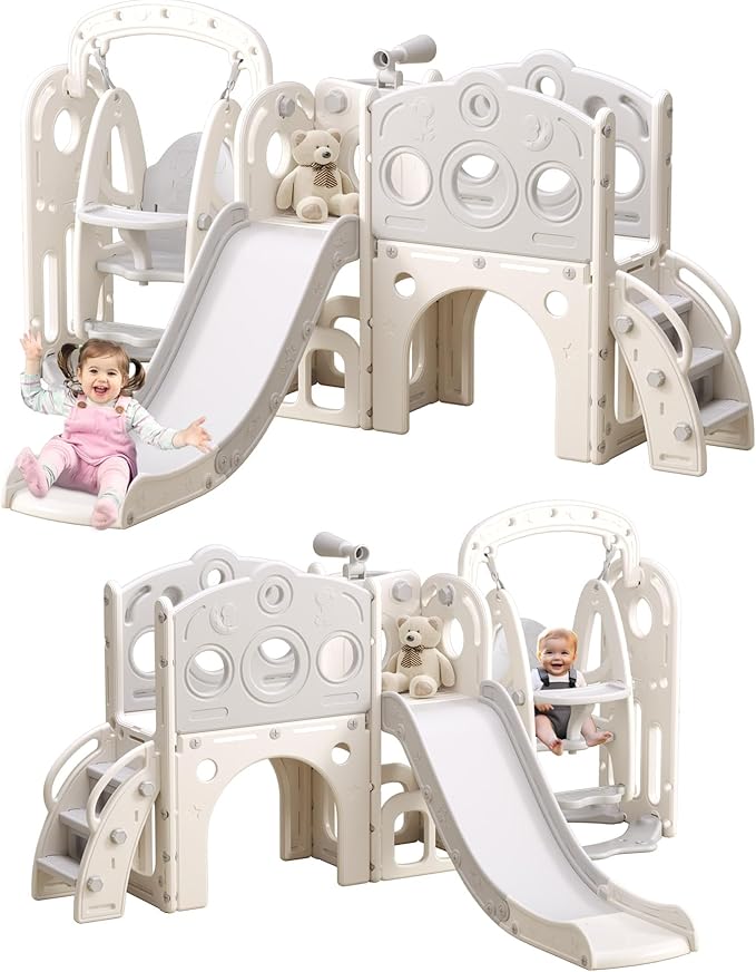 GITAWUSA 9 in 1 Toddler Slide and Swing Set, Slide for Toddlers 1-3, Kids Indoor Outdoor Playset Playground with Basketball Hoop, Telescope