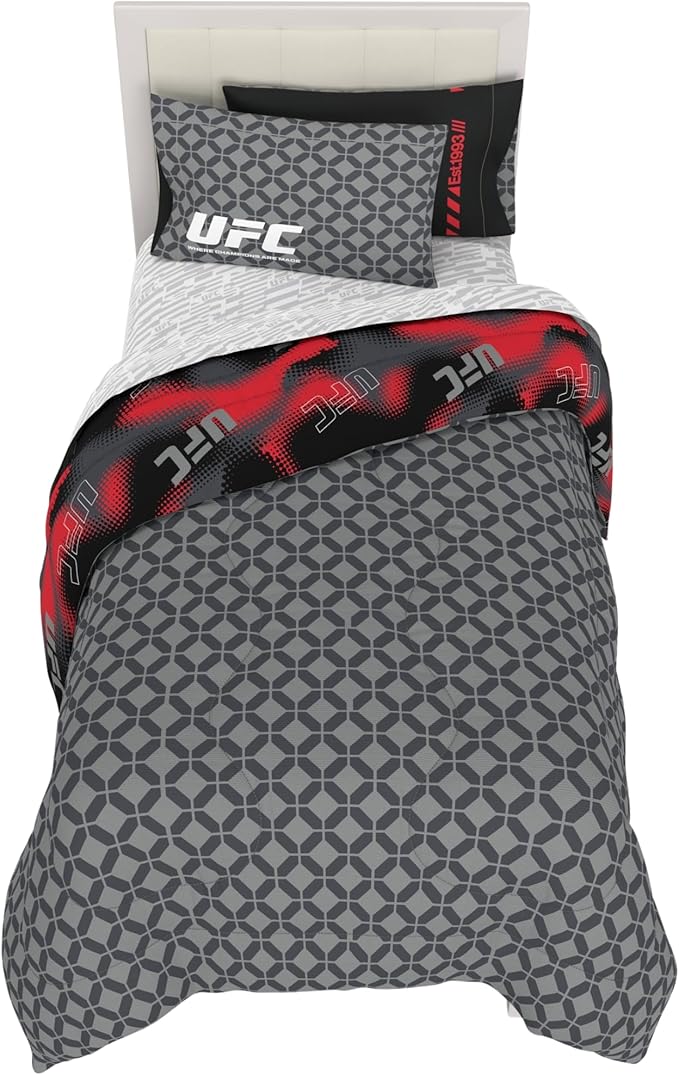 UFC Fight Night Bedding Set, Twin Size 5 Piece Set Super Soft Cozy Reversible Comforter and Sheet Set with Sham, (100% Officially Licensed Product) by Franco
