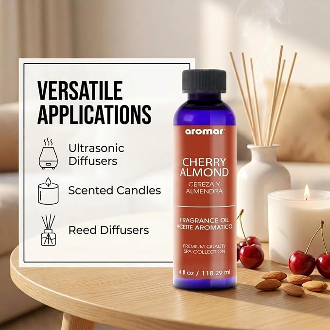 Aromar Premium Fragrance Oil, Long-Lasting, Refreshing Uplifting Aroma for Aromatherapy, Relaxation & Household Uses, Cherry Almond 4 oz.