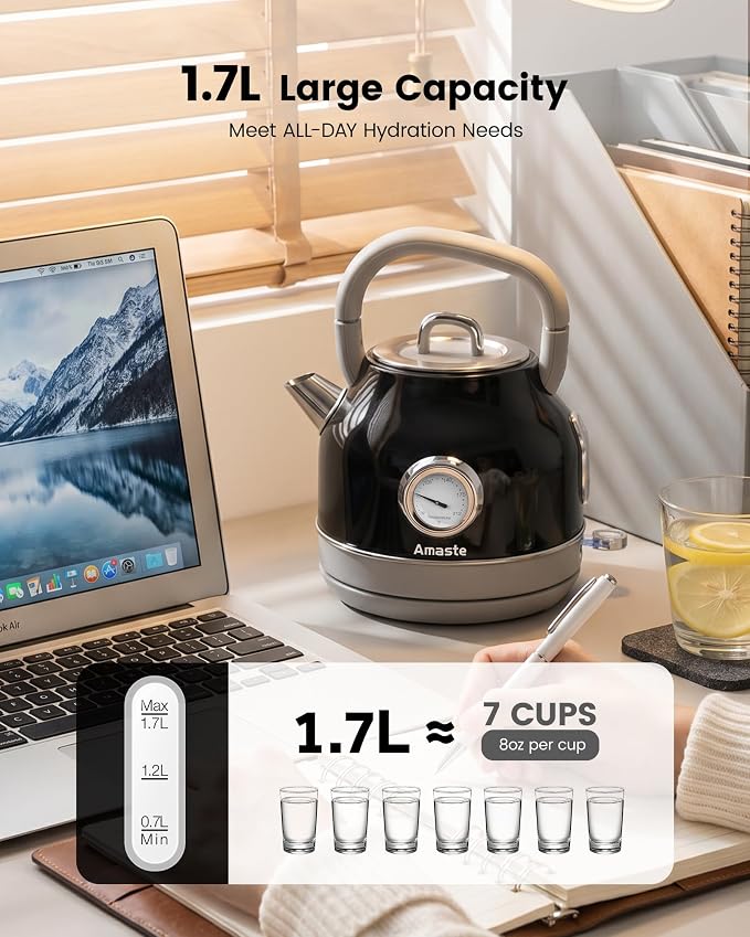 Amaste Electric Kettle, Retro Electric Tea Kettle With Thermometer, 57 Oz Hot Water Kettle For Coffee & Tea, 304 Stainless Steel, 1500w Fast Boiling, Auto Shut-Off & Boil Dry Protection, Black