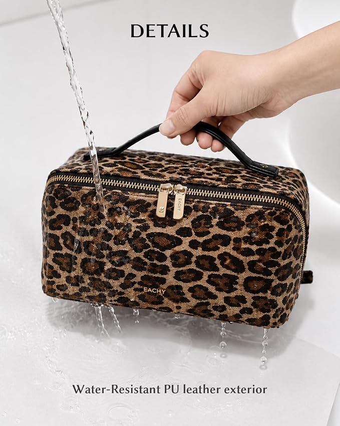EACHY Travel Makeup Bag, Large Capacity Cosmetic Bag for Women, Waterproof PU Leather, Flat Open Portable Toiletry Bag for Skincare, Brushes & Travel Essentials