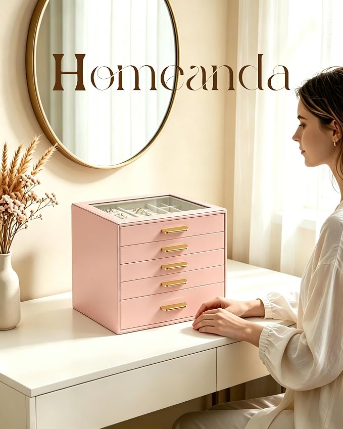 Homeanda Jewelry Boxes Organizer with Glass Lid, 5-Layer PU Leather, Pink | Modern style display case with 5 drawers for daily jewelry, women, mom or girl gift
