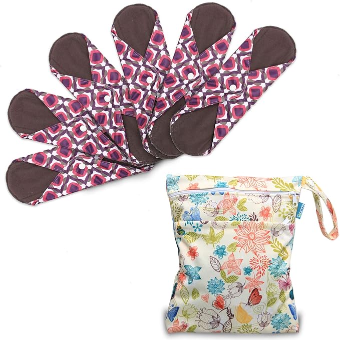 Teamoy 6Pcs 10 Inches Sanitary pad, Reusable Washable Cloth Menstrual Pads/Panty Liners with Wet Bag, Super-Absorbent, Soft and Comfortable, Perfect for General Flow(Medium, Blocks)