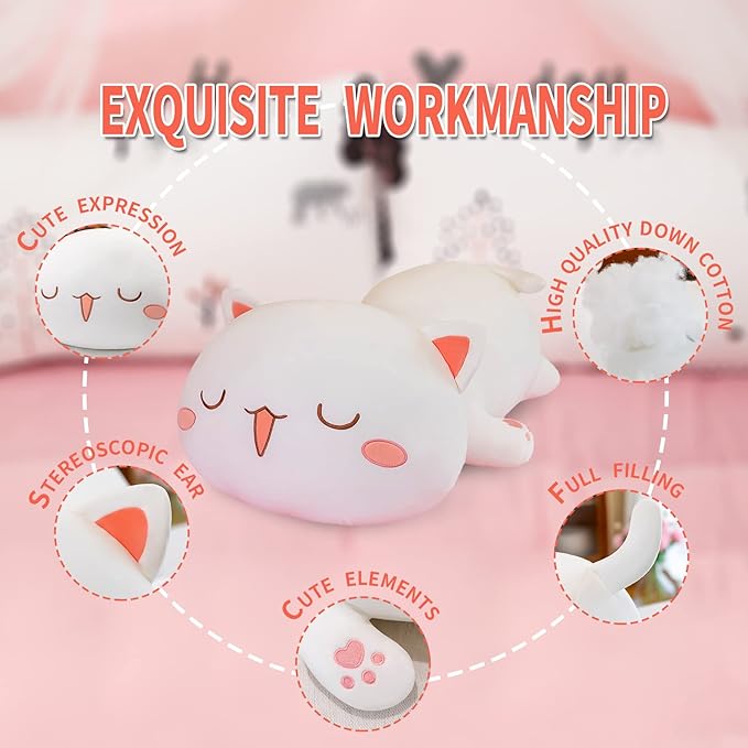 FUYU Cat Stuffed Animals, Soft Cat Plush Pillow Kawaii Kitten Stuffed Animal Toy Gifts for Kids Boys Girls Room Decor (White Squinted Eyes,15in/37cm)