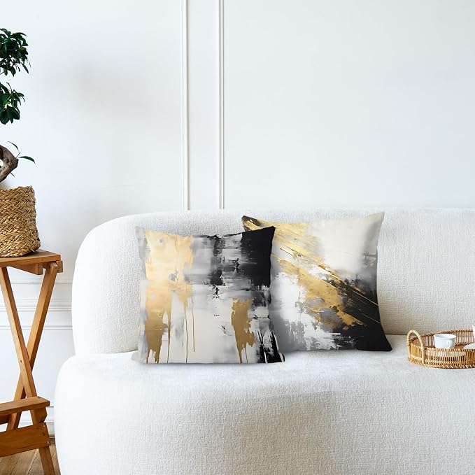 Black and Gold Pillow Covers, Decorative Pillow Covers for Couch Bed Living Room, Abstract White Black and Gold Pillow Covers 22x22 Set of 2