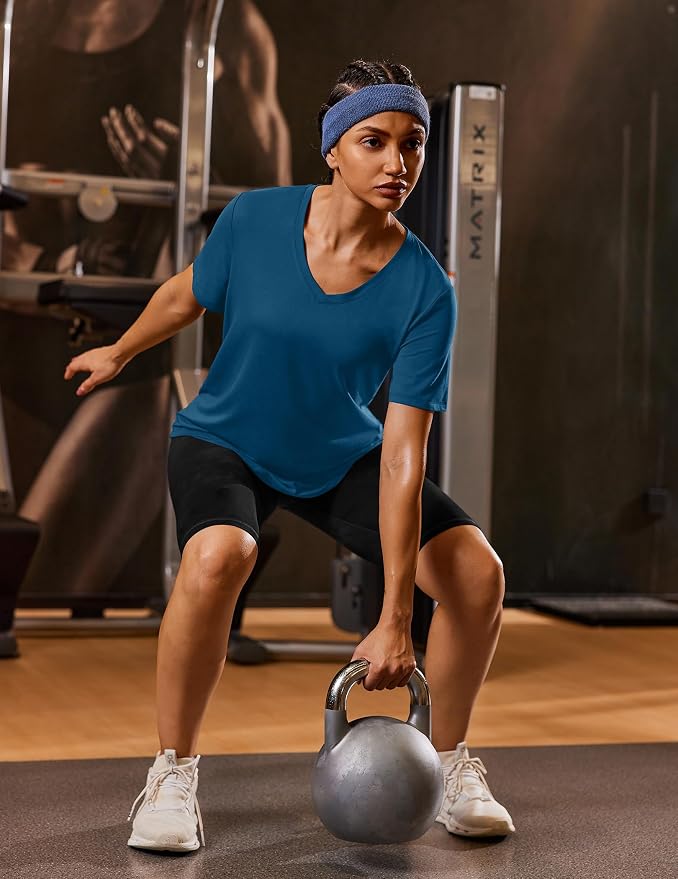 PINSPARK Soft Workout Tops for Women Short Sleeve V Neck Moisture Wicking UPF 50+ Sun Protection Quick Dry Gym Shirts