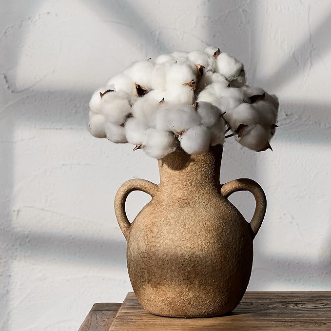 SIDUCAL Rustic Ceramic Farmhouse Flower Vase with 2 Handles, Terracotta Vase, Decorative Pottery Flower for Home Decor, Table, Wedding, Living Room, Shelf Decor, 7.3 Inch, Brown
