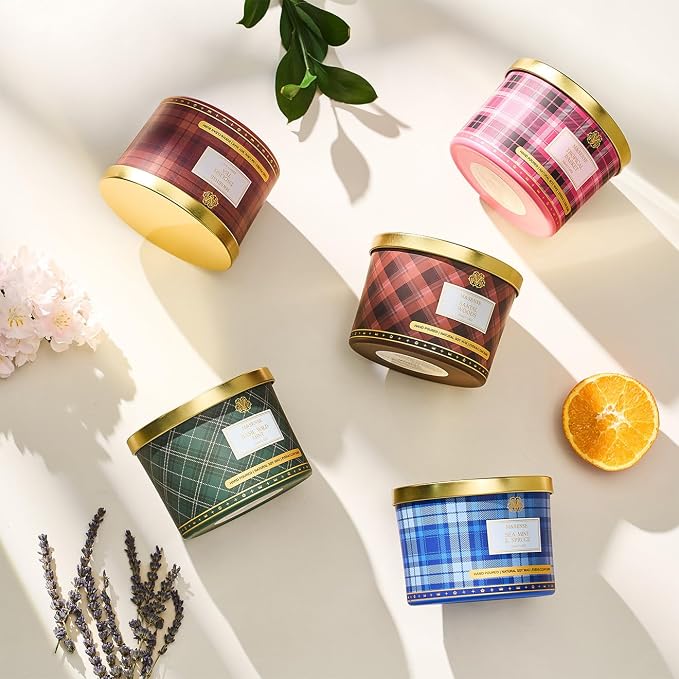 M&SENSE Plaid Pattern 3 Wick Soy Candles,11.64 oz Large English Tea Scent Candle for Relaxation, Gifting, Home Décor | for Bedroom, Office, Party