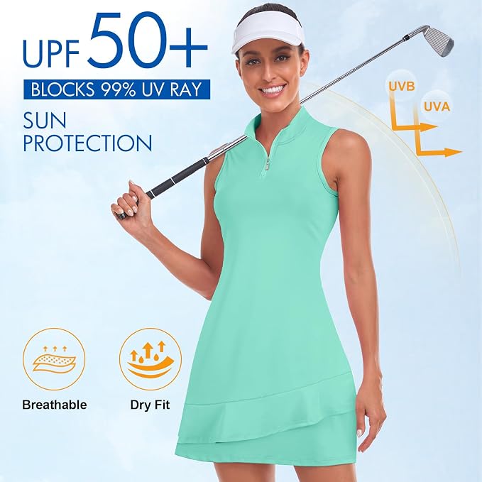 Viracy Tennis Dress for Women Sleeveless Golf Dresses with Shorts and Pockets Ruffle Zip Up Stand Collar Golf Outfits