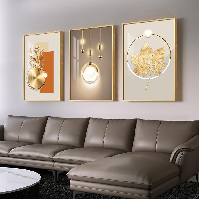 Framed Modern Luxury Gold Large Wall Art for Living Room, 3 Piece 20x30 In | Soild golden framed prints, Crystal coating wall paintings, Geometric wall art for bedroom dining room hallway