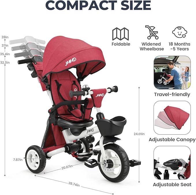JMMD 8 in 1 Tricycle Stroller with Push Handle, Foldable Trike with 360° Swivel Seat, Reclining Backrest, All-Terrain Wheels, Dual Brakes, Canopy & Storage, Gift for Kids 18 Months to 5 Years, Red