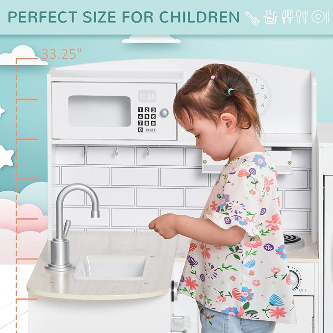 Qaba Corner Kids Kitchen Playset, Wooden Pretend Toy Kitchen Set with Drinking Fountain, Microwave, Fridge and Accessories, Pretend Play Kitchen for 3+ Years, White
