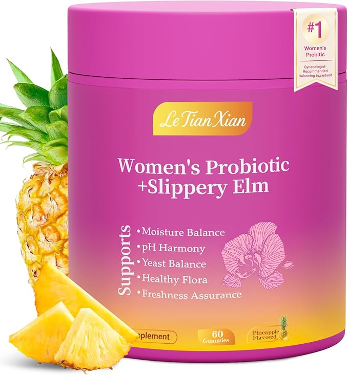 Her Juicy Feminine Probiotics Gummies for Women with Slippery Elm, Prebiotics & Lactobacillus - for pH Balance & Digestive Health, Tropical Pineapple Flavor, 60 Count