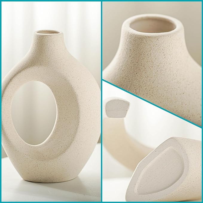 Lvases Snuggle Hollow Ceramic Vase Set of 2, Boho Home Decor for Tabletop | Modern Nordic Flower Vase for Pampas Grass, Decorative Coffee-Table Centerpiece for Living Room, 6.3 x 8.4 in, Milky White