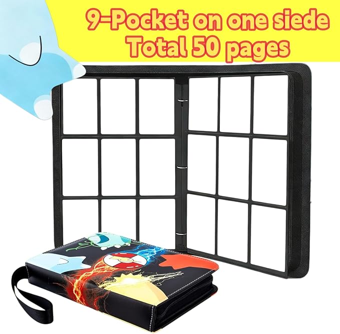 Card Binder 9 Pocket with Zipper, Trading Card Holder 50 Removable Sleeves – Holds 900 Cards, 3-Ring Album Case for Sports & Game Cards, Gift for Boys Girls (9 Pocket 900)