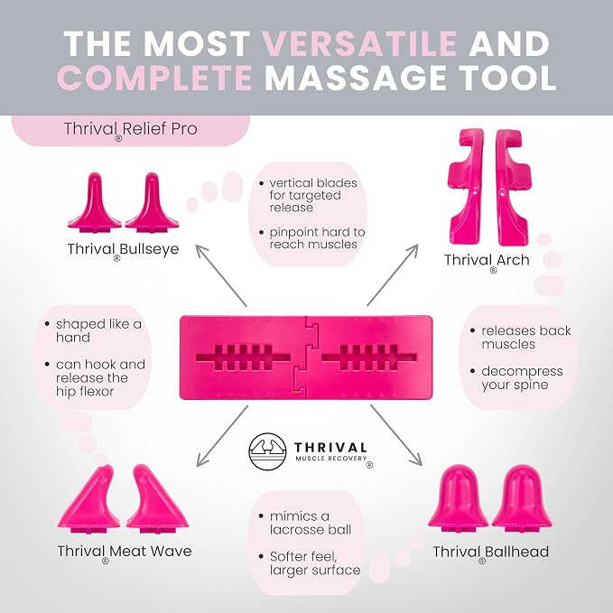 Thrival Relief Pro - Fully Adjustable Psoas, Back and Hip Flexor Muscle Release Tool with Thrival App for Targeted Routines, Deep Tissue, Trigger Point Massage (Pink) – Made in USA