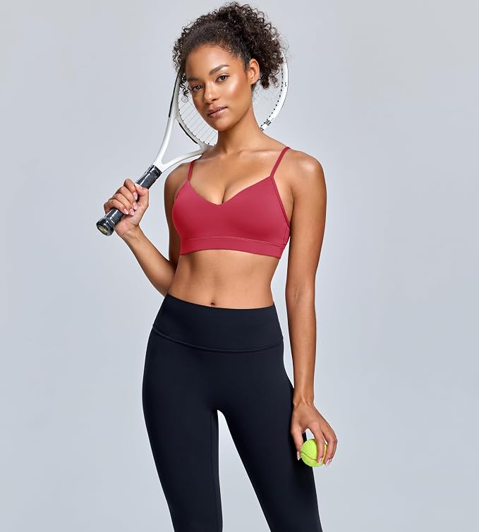 Oalka V Neck Sports Bra for Women Adjustable Padded Thin Straps Wireless Yoga Bras