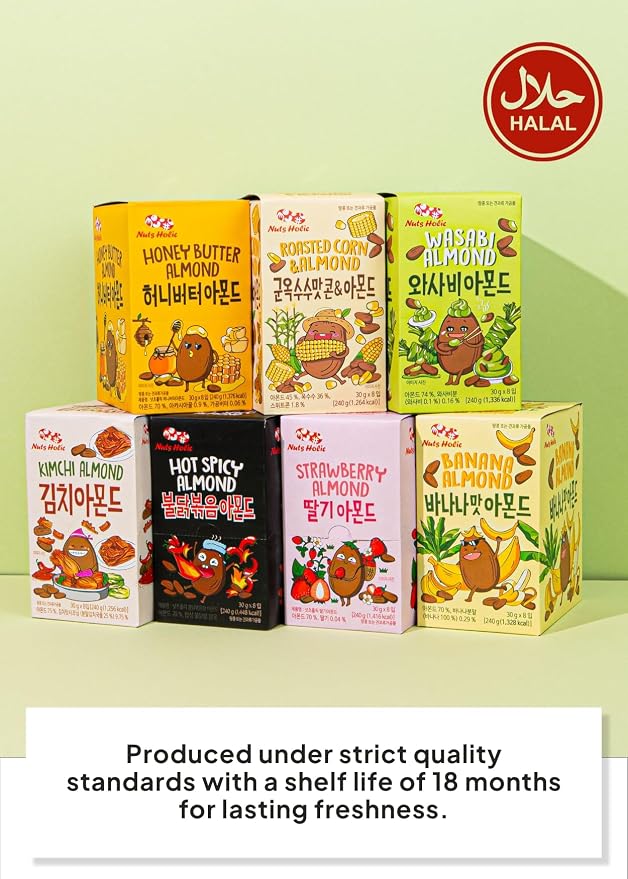 Korean Food Nuts Holic Honey Butter Almond, Sweet & Savory, Snack Mix, 8Pks | Sweet and savory seasoned almond snack in convenient individual packs with honey butter flavor