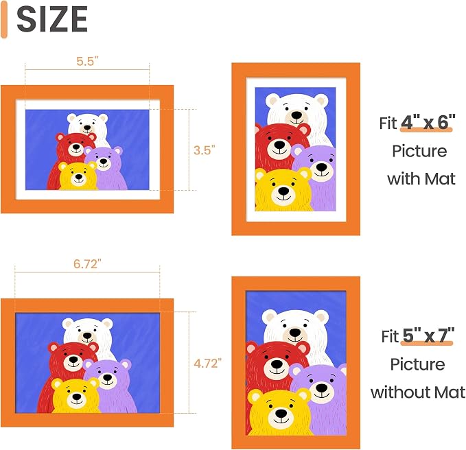upsimples 5x7 Picture Frame, Display Pictures 4x6 with Mat or 5 x 7 Without, Wall Hanging Photo Frames, Orange, 1 Pack
